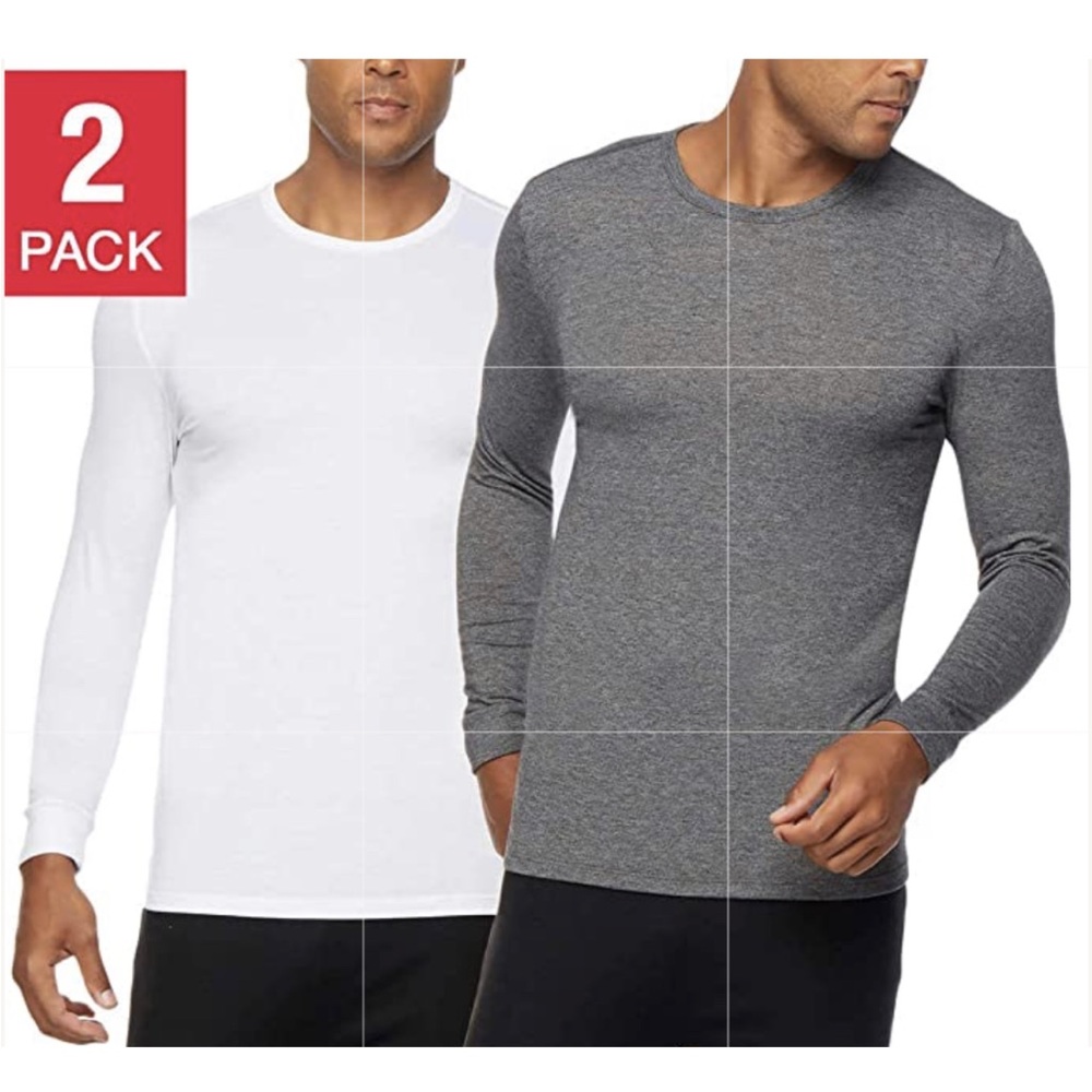 32 DEGREES Men's Heat Long Sleeve Crew Neck Tee Shirt 2-Pack Gray White